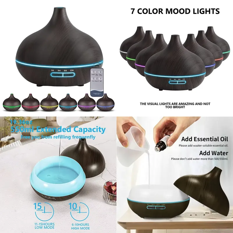 Essential Oils - 550ml Ahşap Renkli USB Aroma Difüzörü,